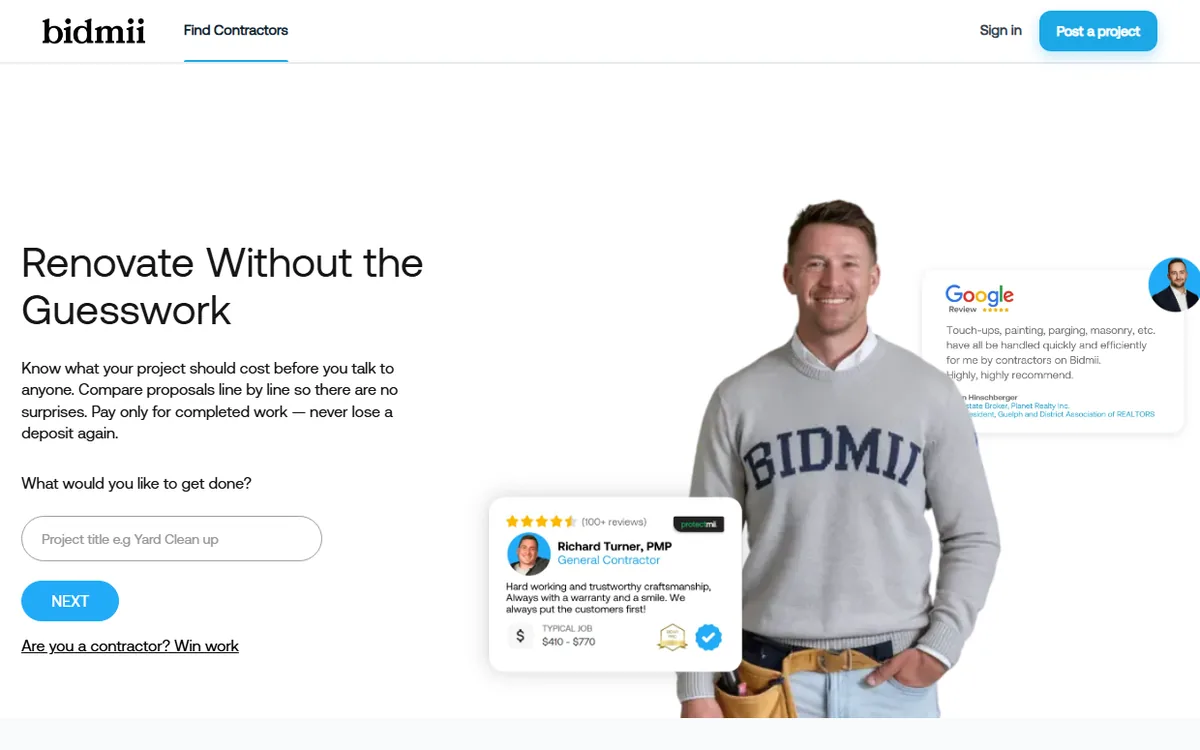 Bidmii home page: Renovate Without the Guesswork, with a project search and contractor reviews