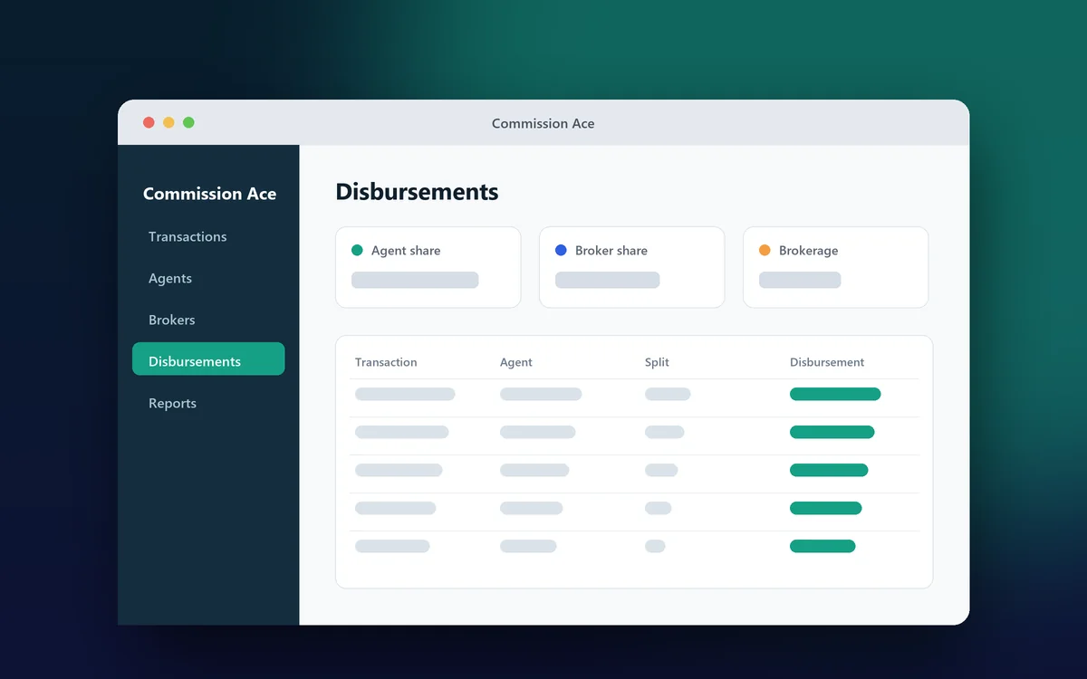 Illustrative wireframe of the Commission Ace disbursements screen