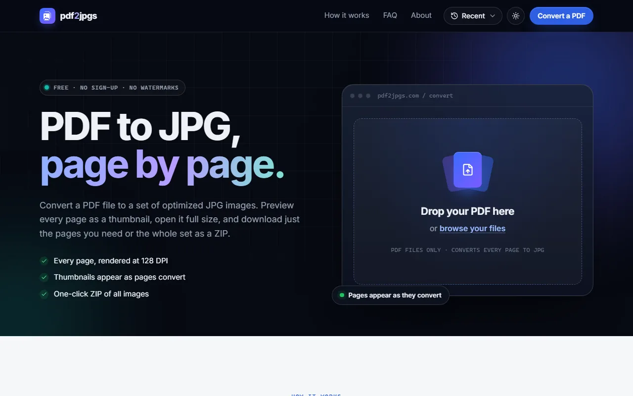 The pdf2jpgs home page: "PDF to JPG, page by page", with a drop area for a PDF