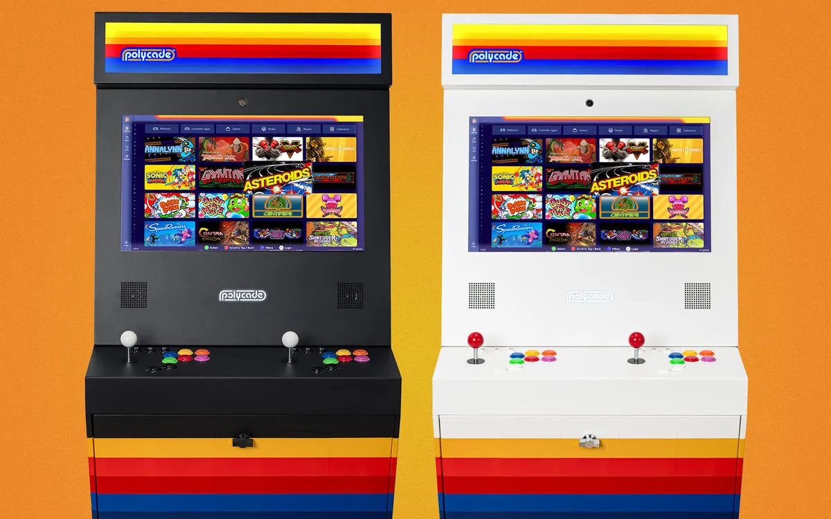 Two Polycade arcade cabinets showing the game-library menu on screen