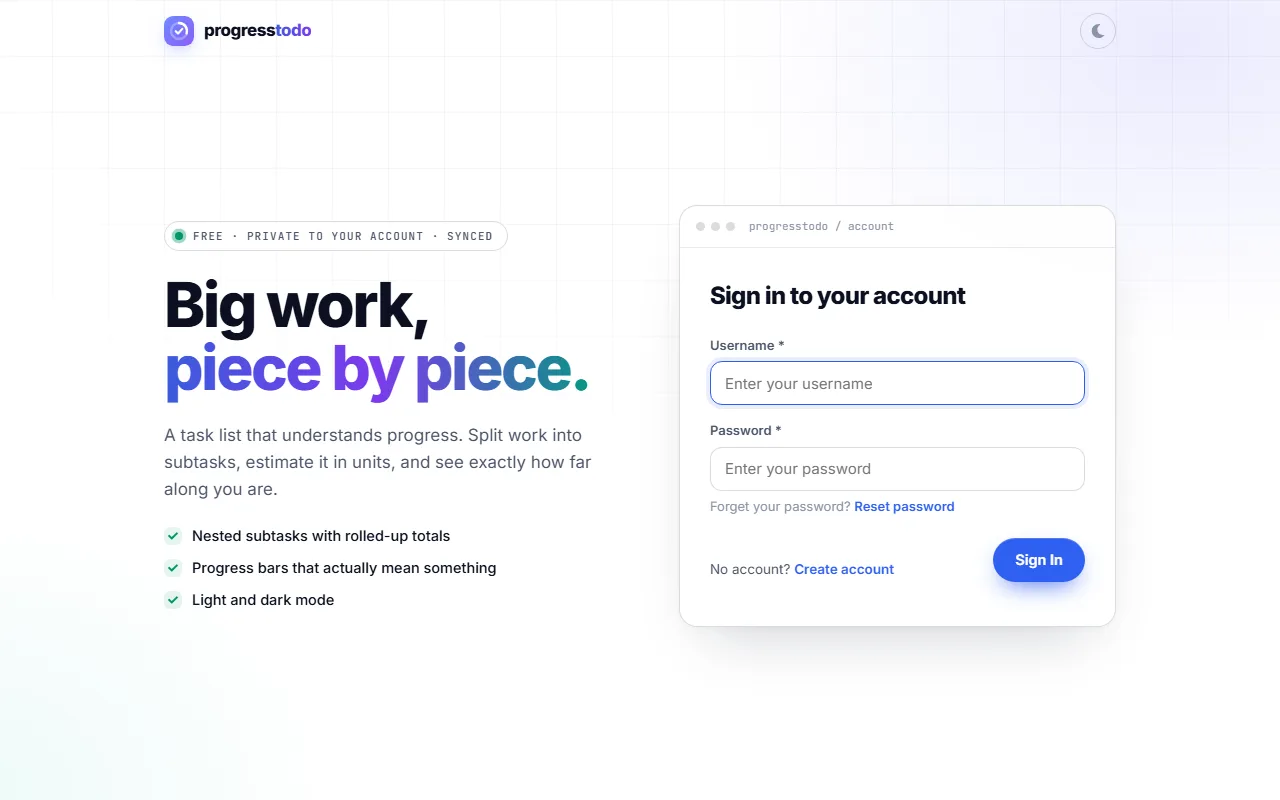 The ProgressTodo landing page: "Big work, piece by piece", with its feature list and a sign-in form