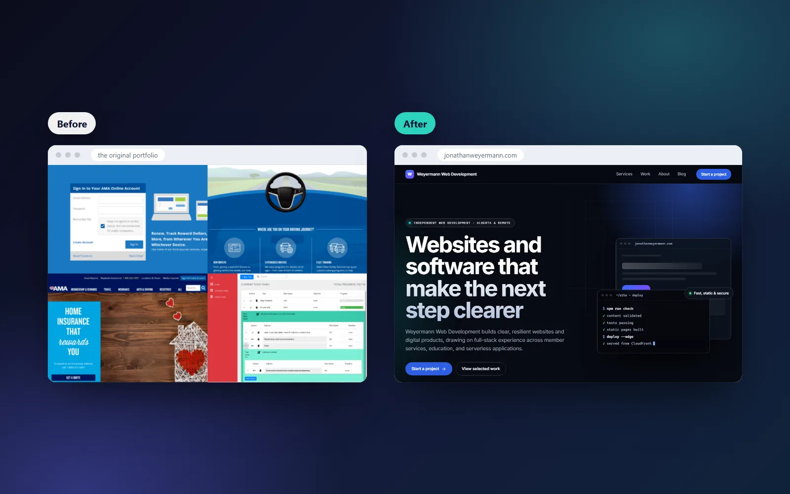 Before and after: the original portfolio site beside the redesigned jonathanweyermann.com