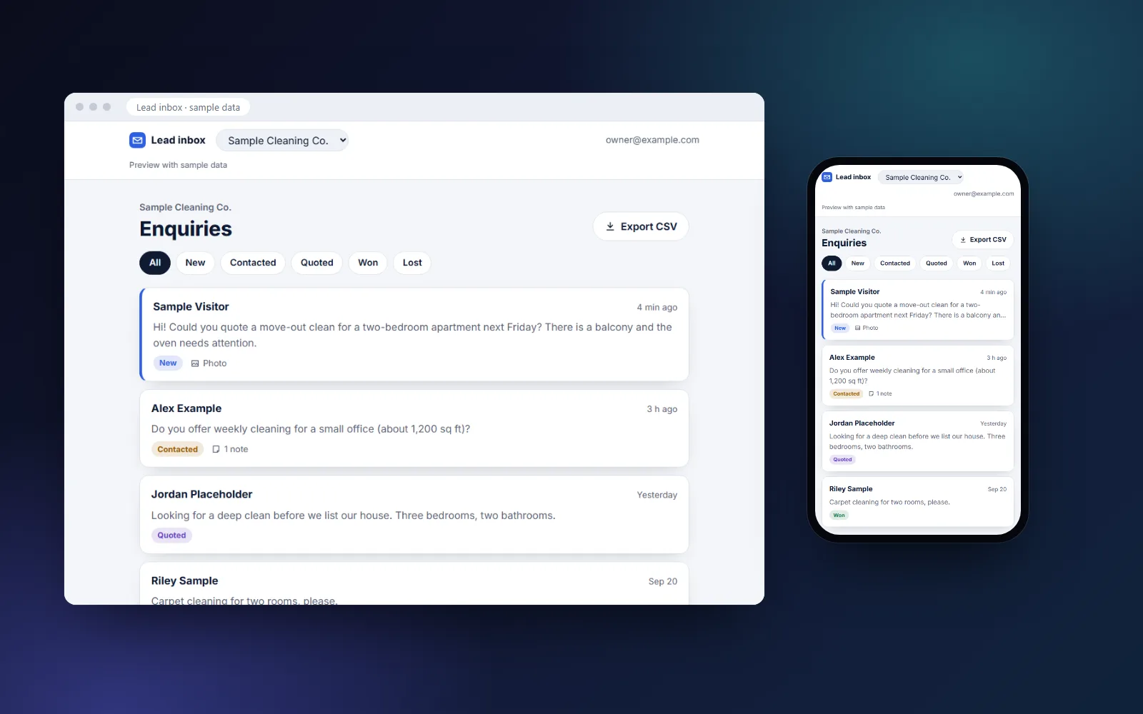 A lead inbox showing sample enquiries with their statuses, on a desktop browser and a phone
