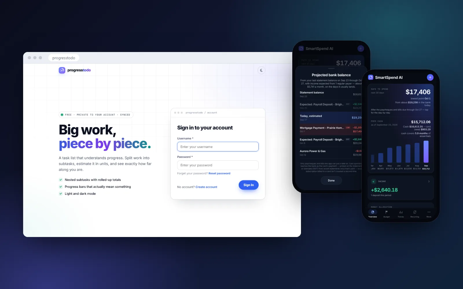 The ProgressTodo web app beside two screens from the SmartSpend AI mobile app